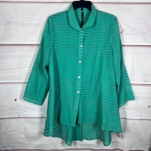 IC by Connie K Tunic Shirt Women Large Green Striped Sheer Hi-Low Bamboo Blouse